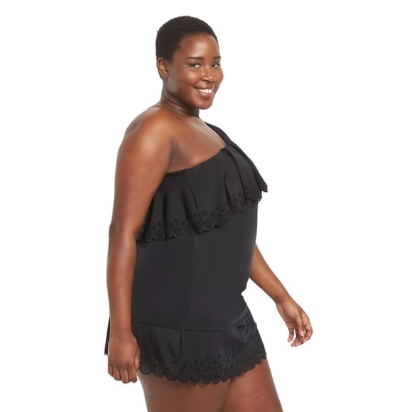 Lane Bryant No-Wire Relaxed Laser Cut One-Shoulder Ruffle Tankini Top Black- 28 - Picture 2 of 4